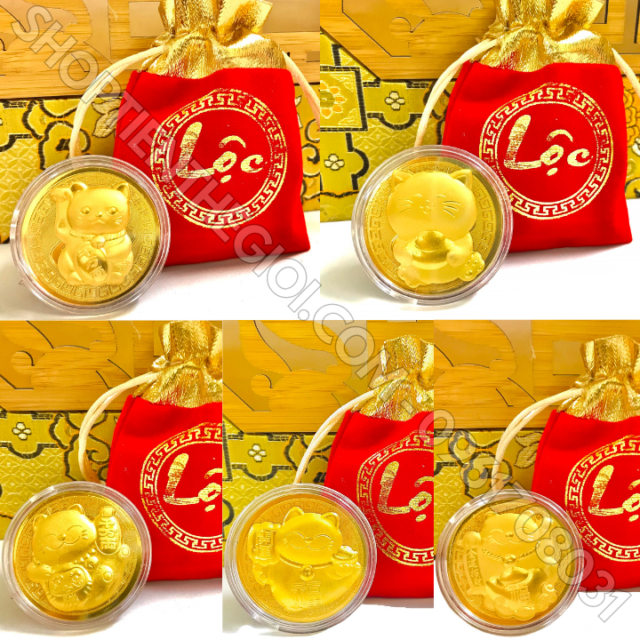 Đồng Xu Hình Con Mèo Thần Tài CUTE Tặng Túi Gấm Lộc - SP005915